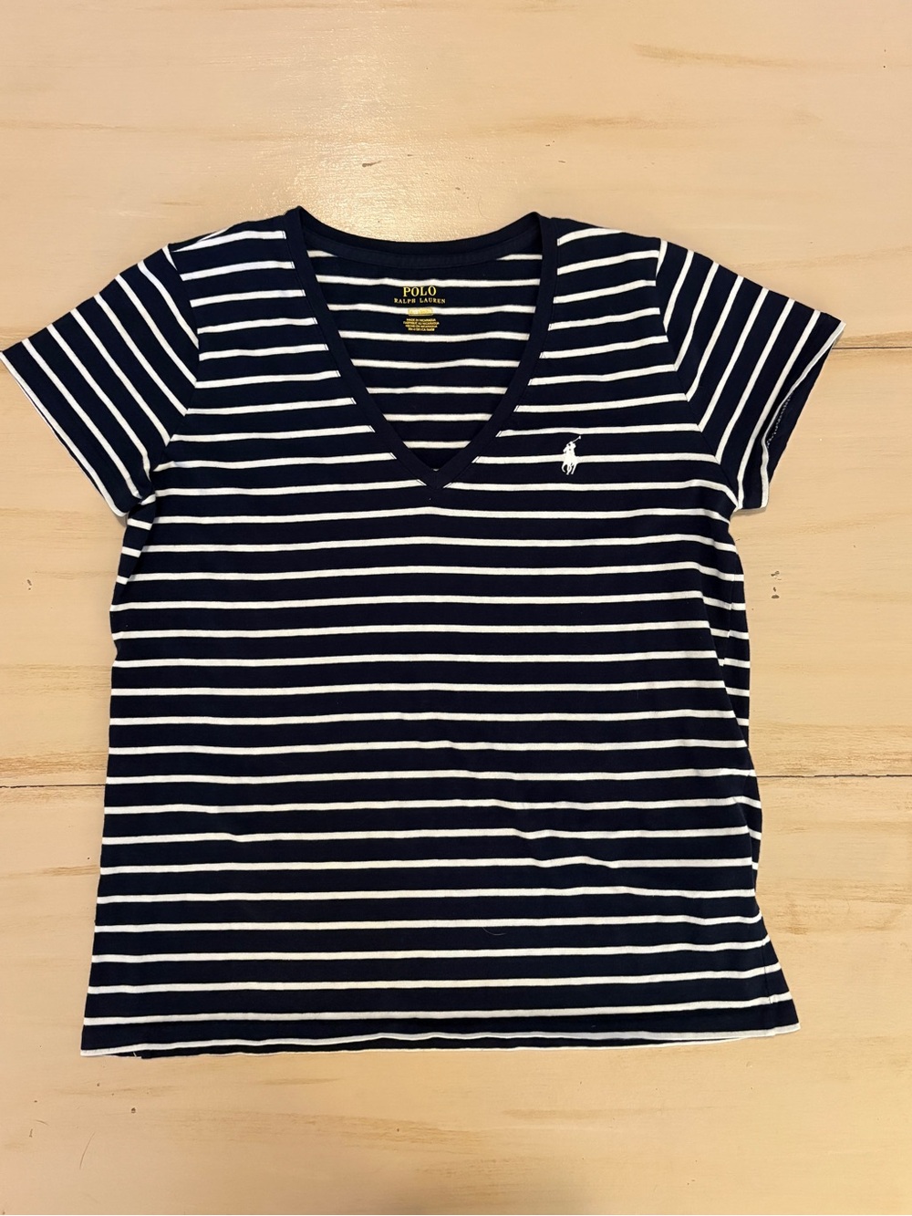 Polo by Ralph Lauren Navy & White Striped V-Neck Tee with Pony Logo